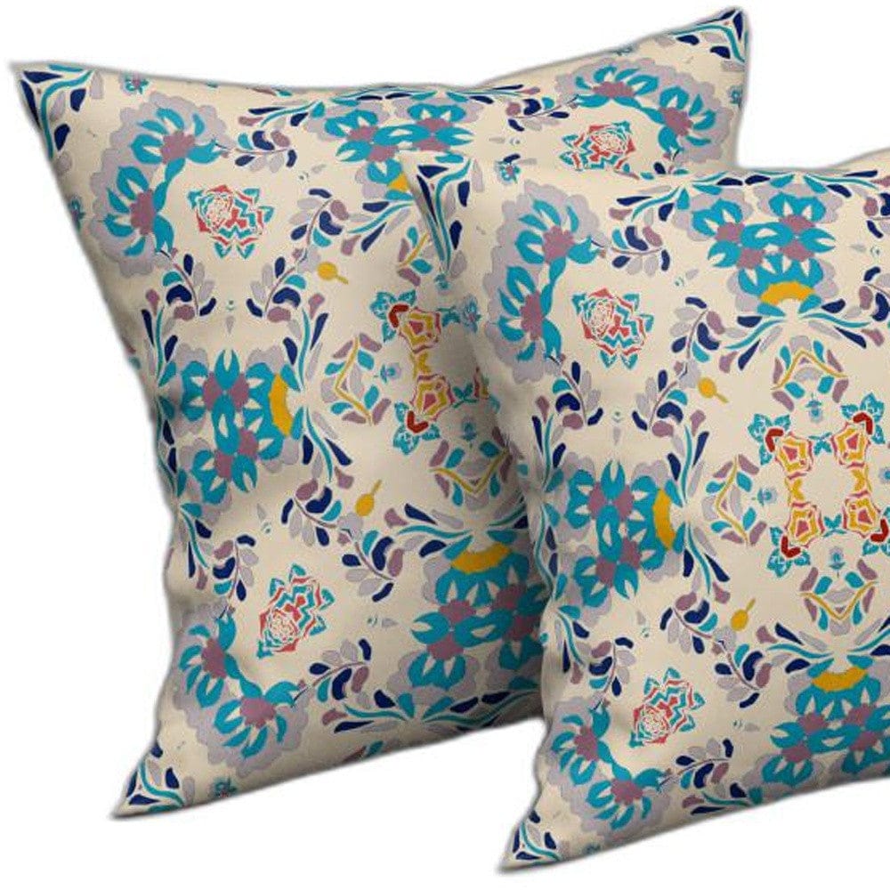 18" X 18" Off White And Blue Abstract Blown Seam Suede Throw Pillow