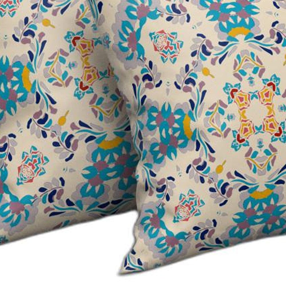 18" X 18" Off White And Blue Abstract Blown Seam Suede Throw Pillow