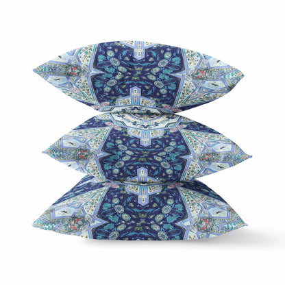 18” Indigo Blue Floral Geo Zippered Suede Throw Pillow