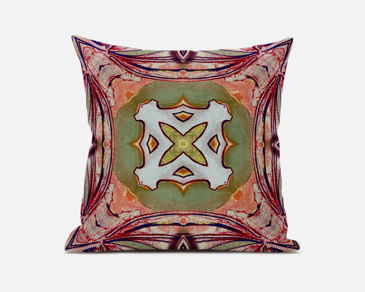 18" X 18" Peach Magenta Green Geometric Zippered Suede Throw Pillow