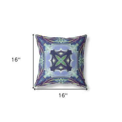 16" X 16" Peacock Blue Light Blue Geometric Zippered Suede Throw Pillow