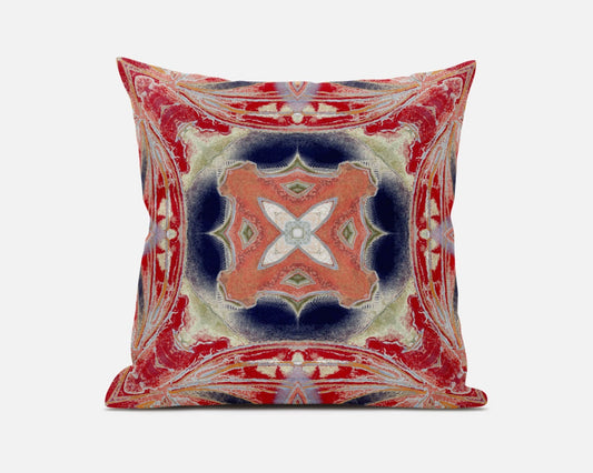 18" X 18" Red Indigo Green Cream Geometric Zippered Suede Throw Pillow