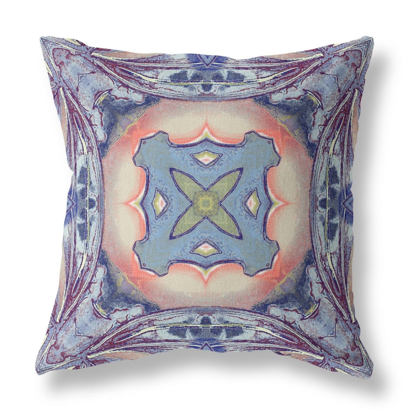 18" X 18" Sky Blue Indigo Muted Peach Geometric Zippered Suede Throw Pillow