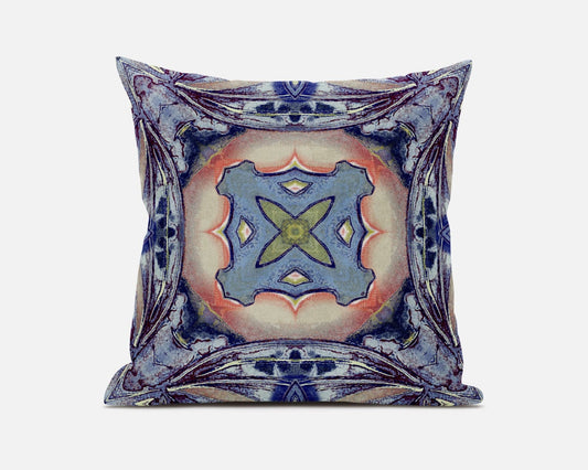 18" X 18" Sky Blue Indigo Muted Peach Geometric Zippered Suede Throw Pillow