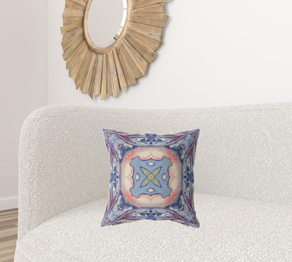 18" X 18" Sky Blue Indigo Muted Peach Geometric Zippered Suede Throw Pillow