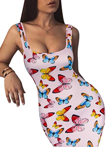 LAGSHIAN Women's Sexy Bodycon Tank Dress Sleeveless Basic Midi Club Dresses Yellow