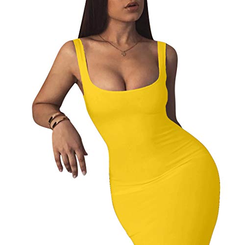 LAGSHIAN Women's Sexy Bodycon Tank Dress Sleeveless Basic Midi Club Dresses Yellow