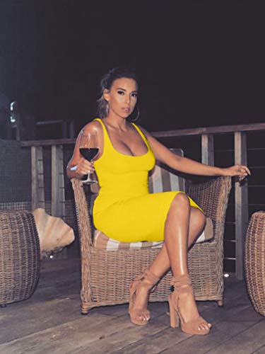 LAGSHIAN Women's Sexy Bodycon Tank Dress Sleeveless Basic Midi Club Dresses Yellow