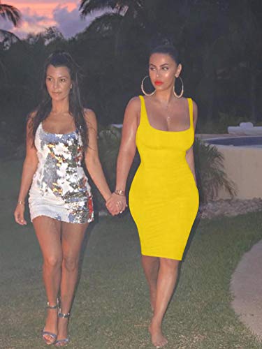 LAGSHIAN Women's Sexy Bodycon Tank Dress Sleeveless Basic Midi Club Dresses Yellow