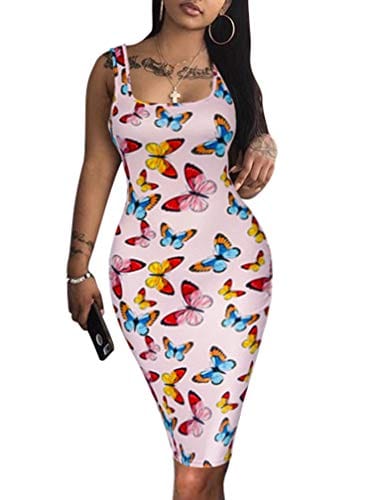 LAGSHIAN Women's Sexy Bodycon Tank Dress Sleeveless Basic Midi Club Dresses Yellow