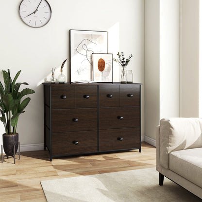 39" Brown Rustic Fabric Bin and Manufactured Wood Eight Drawer Dresser