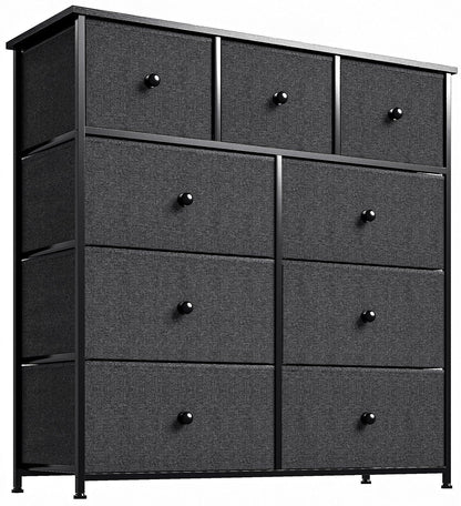 39" Black And Gray Fabric Bin and Steel Nine Drawer Dresser