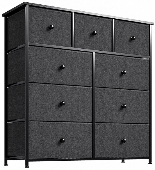 39" Black And Gray Fabric Bin and Steel Nine Drawer Dresser