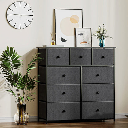 39" Black And Gray Fabric Bin and Steel Nine Drawer Dresser