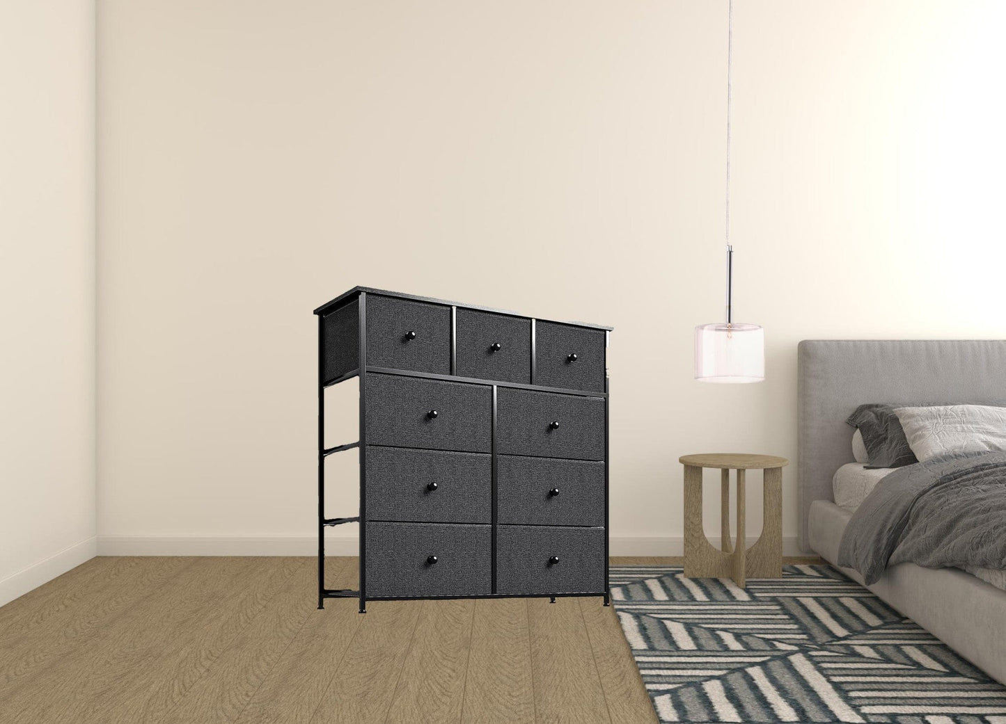 39" Black And Gray Fabric Bin and Steel Nine Drawer Dresser