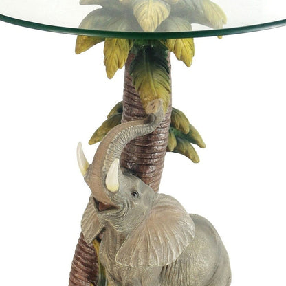 24" Brown And Clear Glass Elephant Round End Table