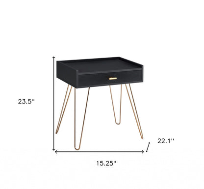 24" Gold And Black Modern Rectangular End Table With Drawer