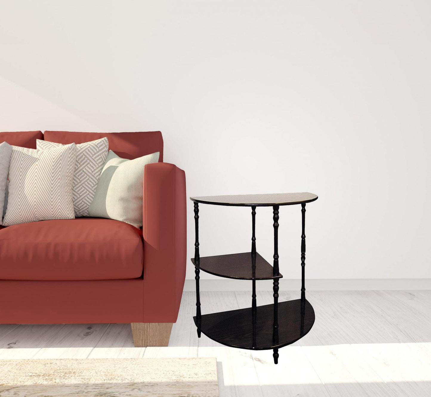 26" Brown Solid And Manufactured Wood Half Circle End Table With Two Shelves