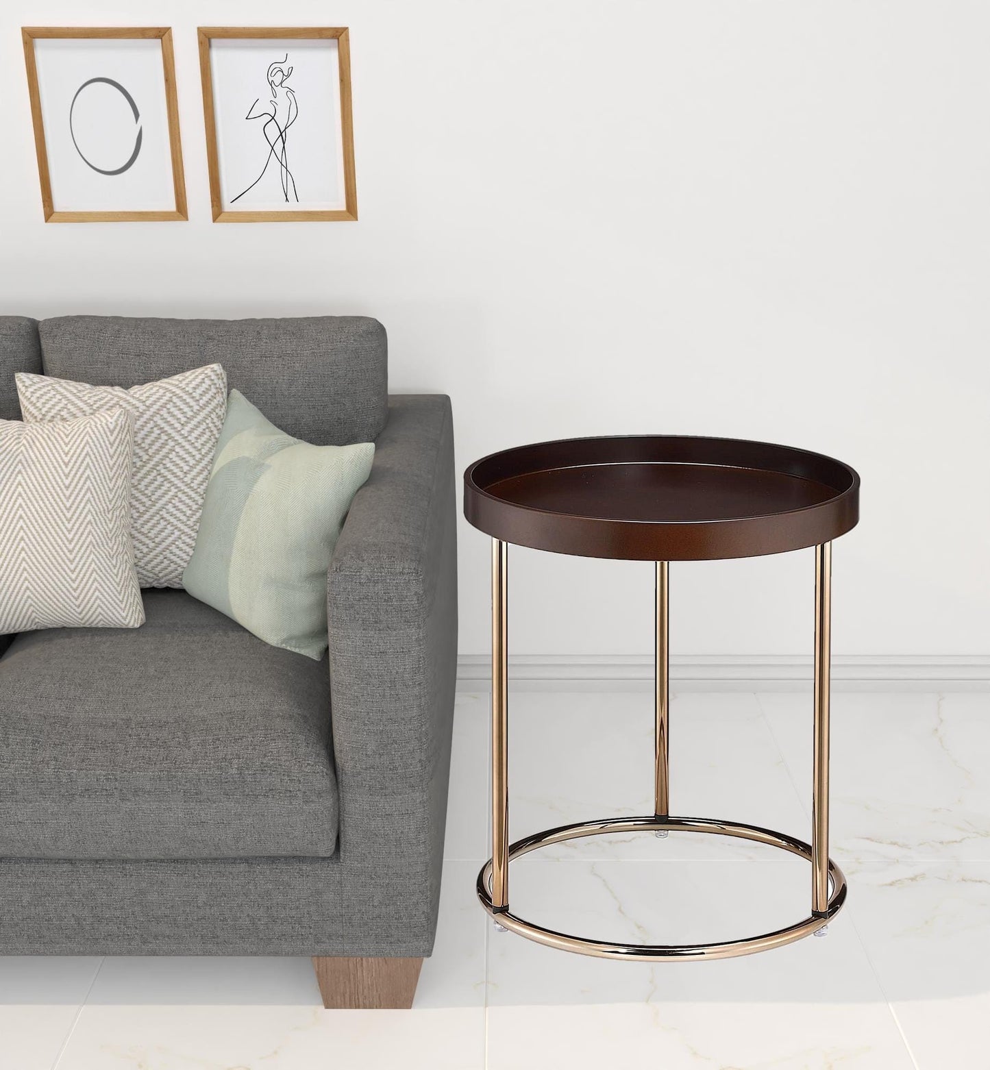 22" Copper And Dark Brown Solid Wood and Metal Round End Table