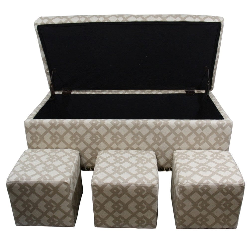 Taupe Geometric Storage Bench with Ottomans Four Piece Set