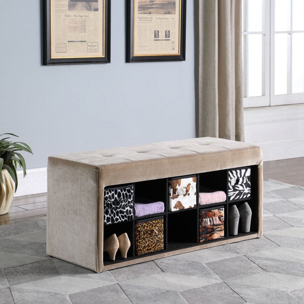 Beige Velour Storage Bench with Exotic Animal Print Baskets