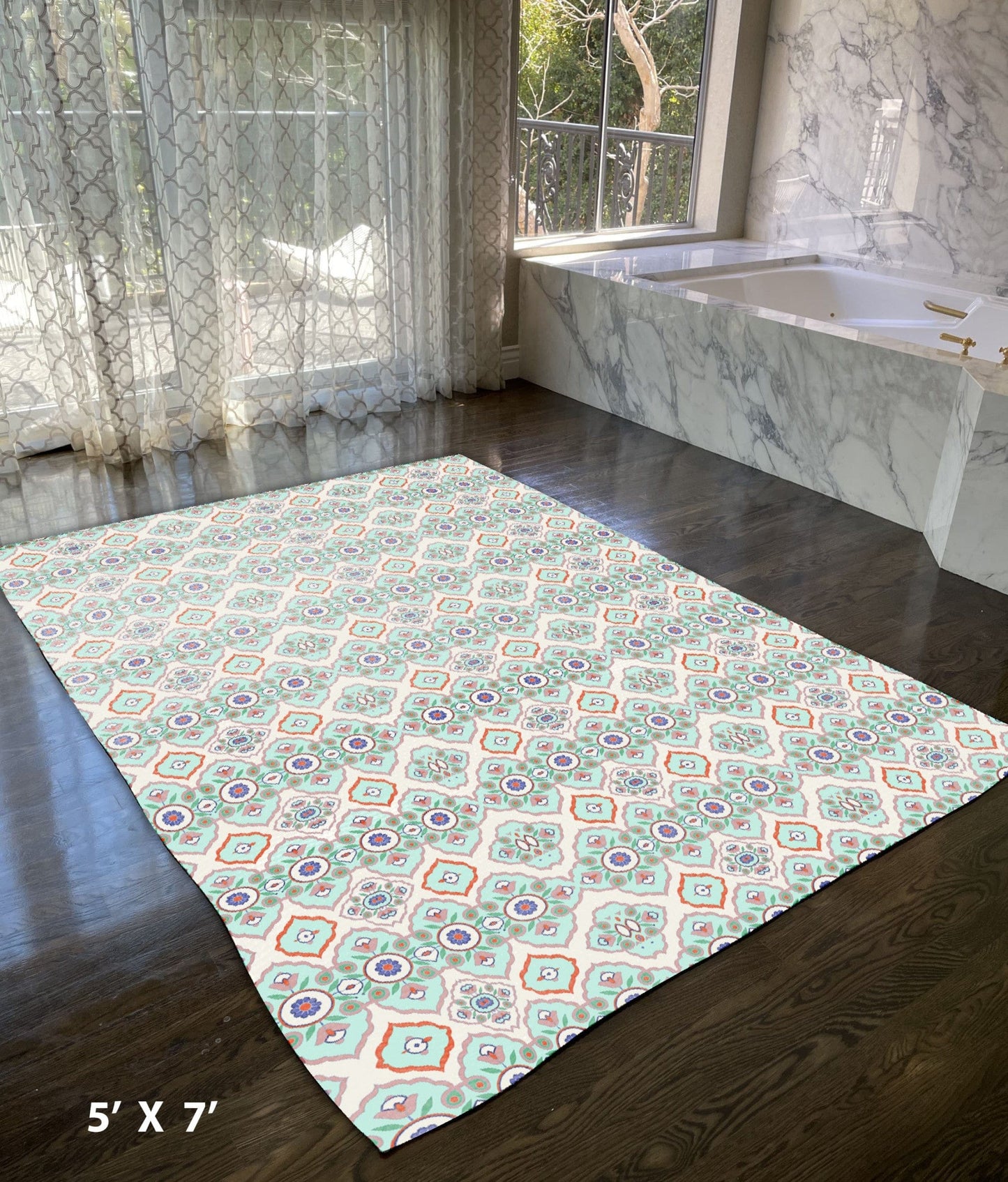 5' X 7' Light Peach Light Aqua Oriental Area Rug