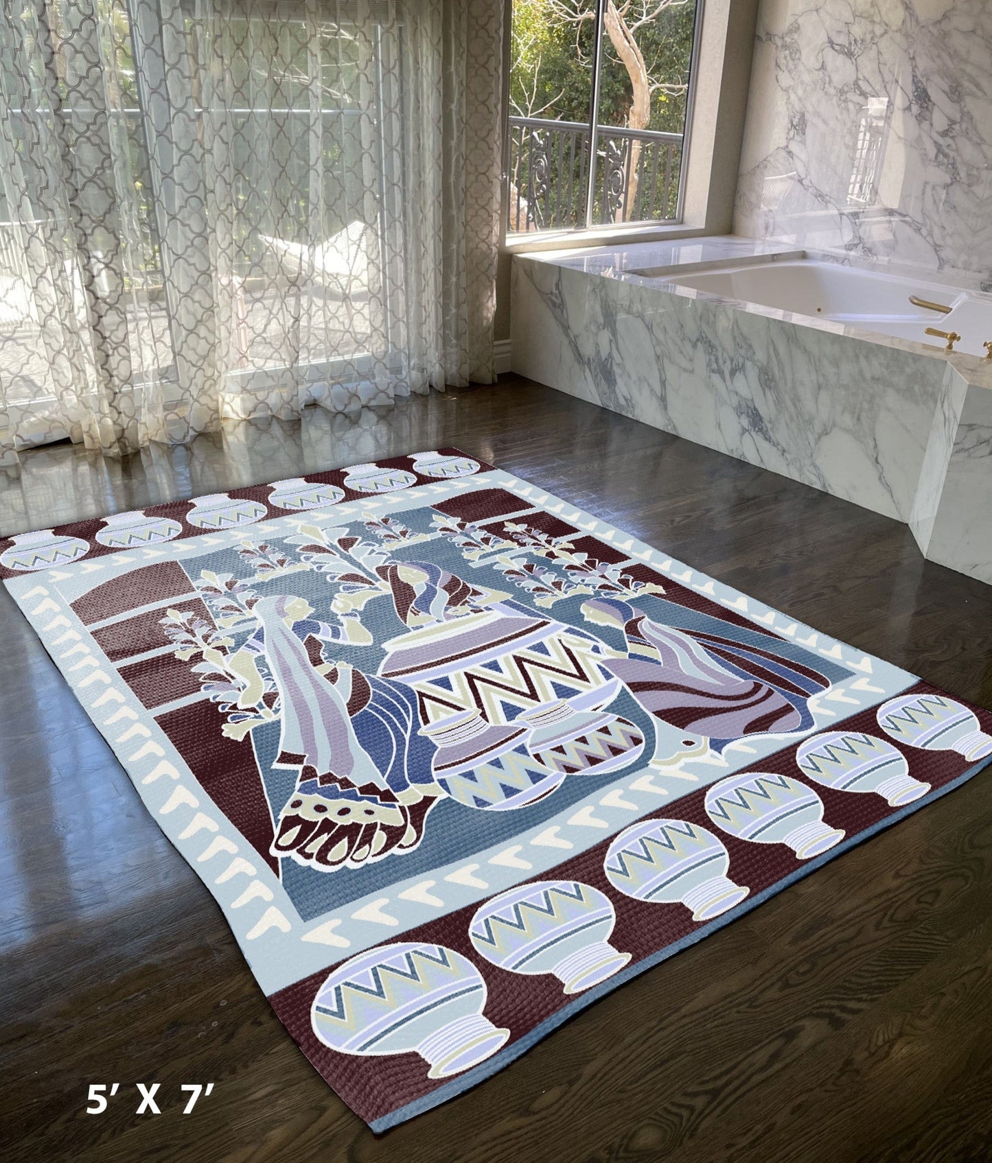 5' X 7' Dark Brown And Dark Blue Abstract Area Rug