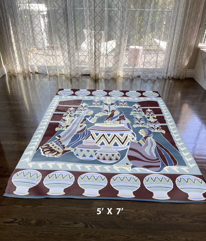 5' X 7' Dark Brown And Blue Abstract Area Rug