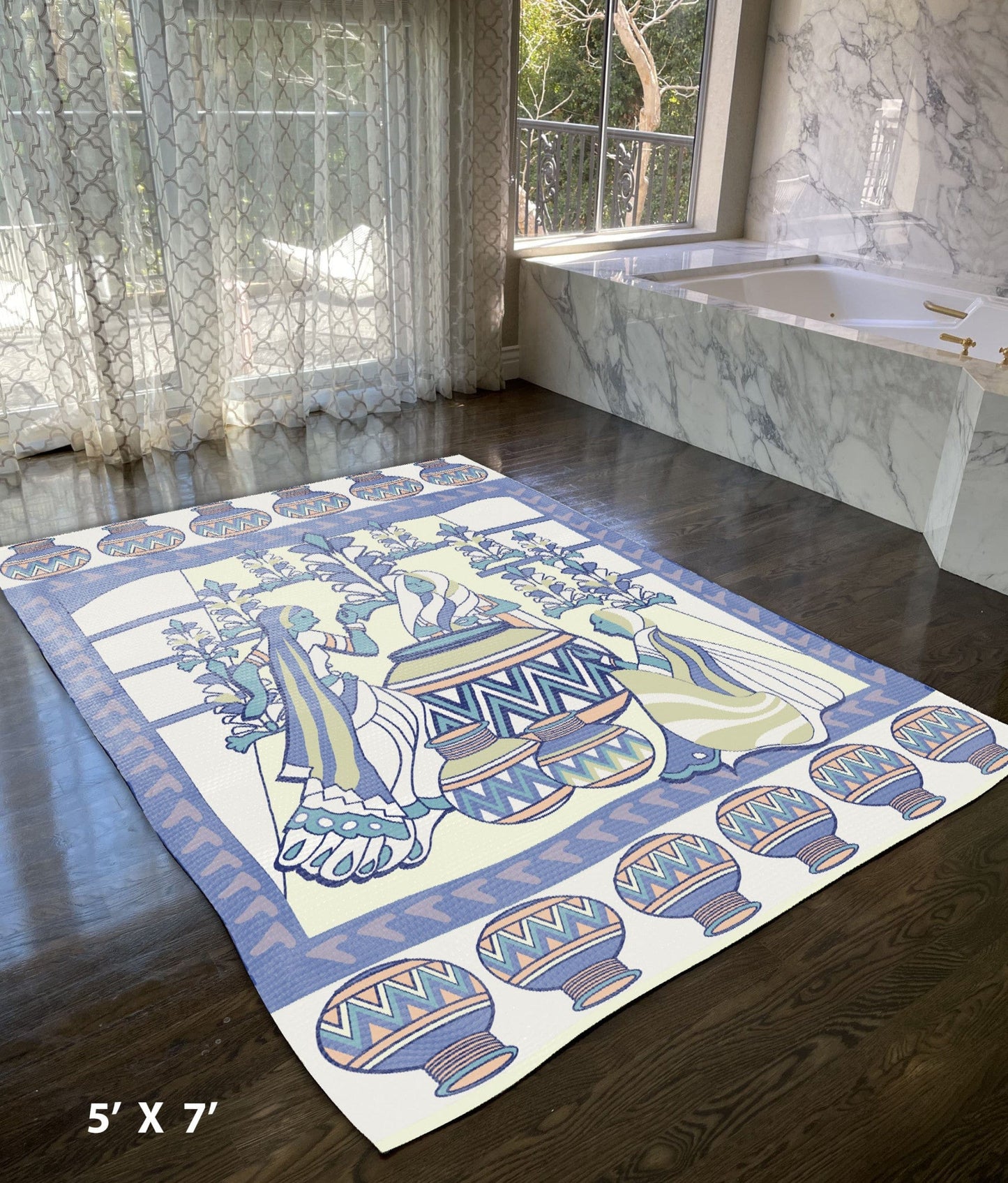 5' X 7' Green And Blue Abstract Area Rug