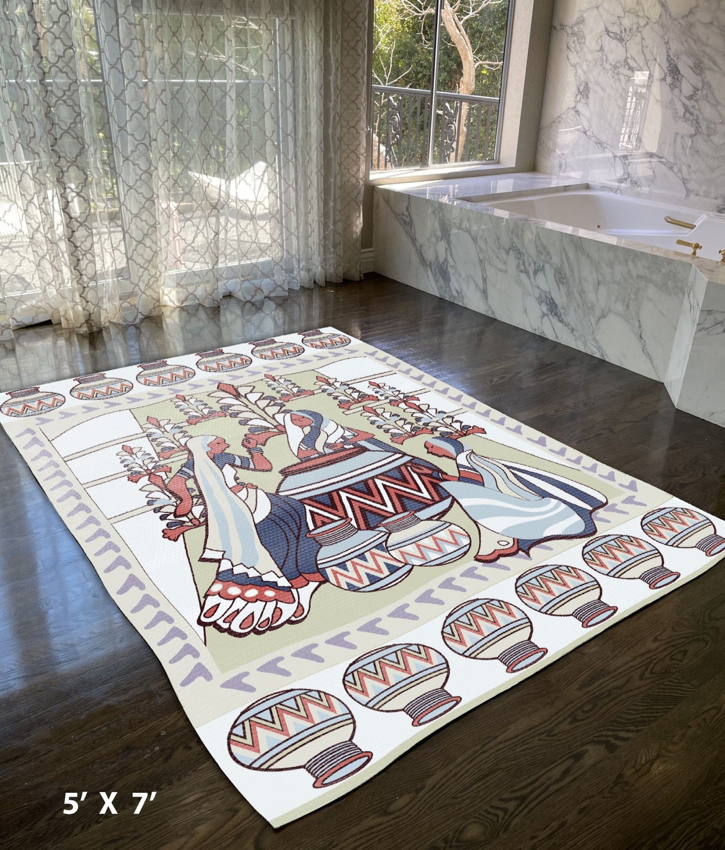 5' X 7' Muted Green And Red Abstract Area Rug