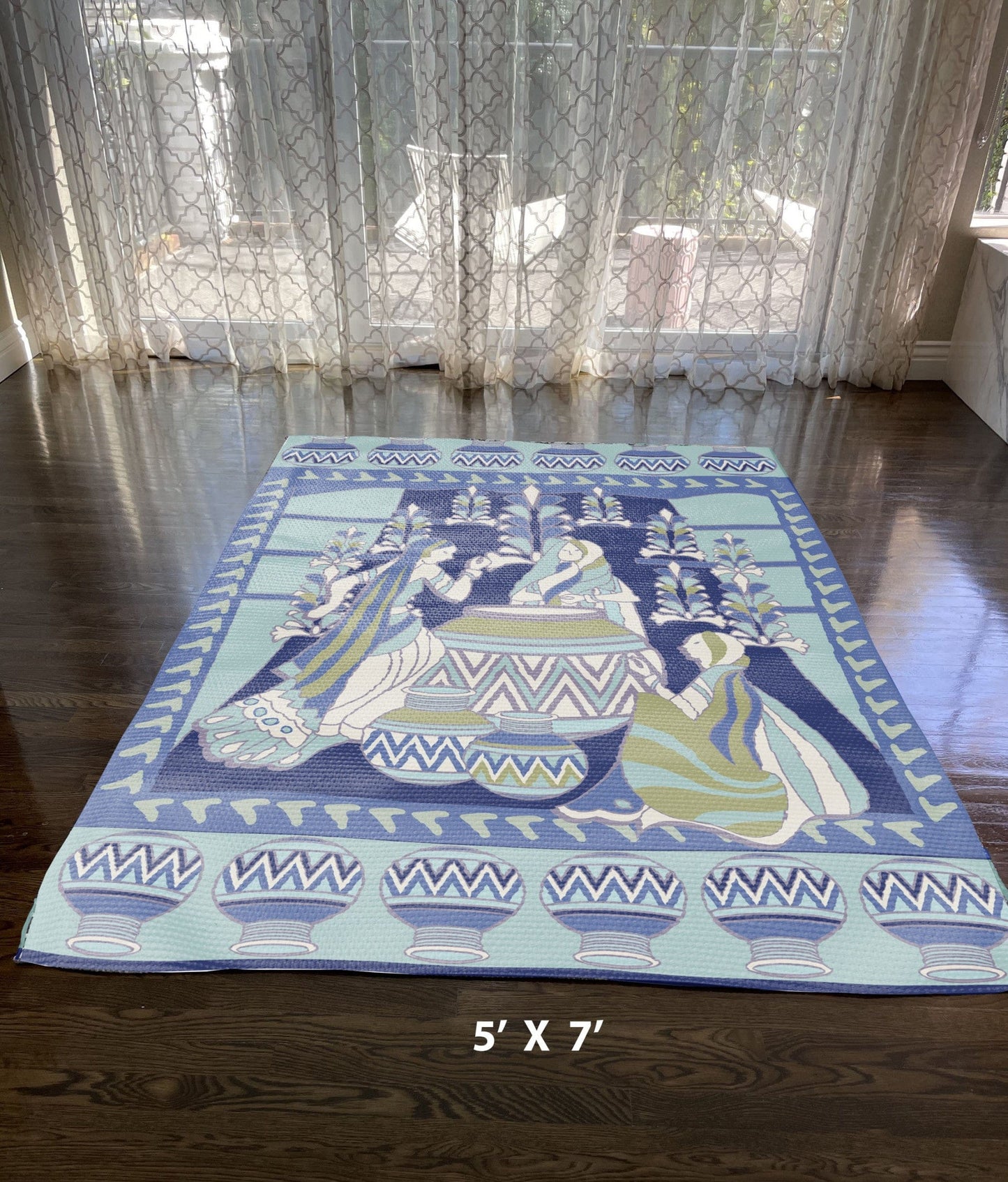 5' X 7' Navy And Green Abstract Area Rug