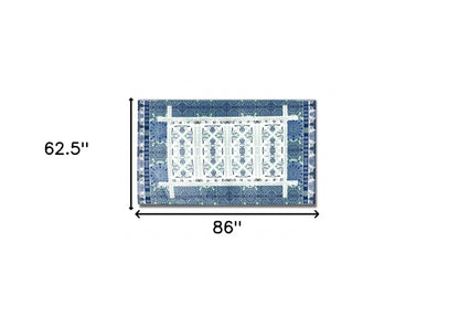 5' X 7' White And Blue Oriental Area Rug