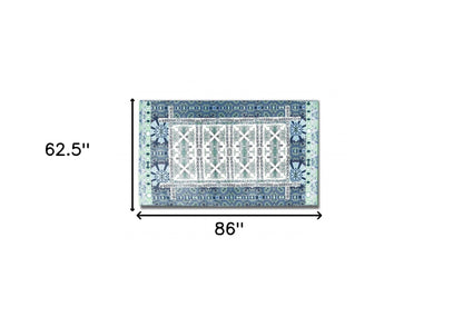 5' X 7' Green And Blue Oriental Area Rug