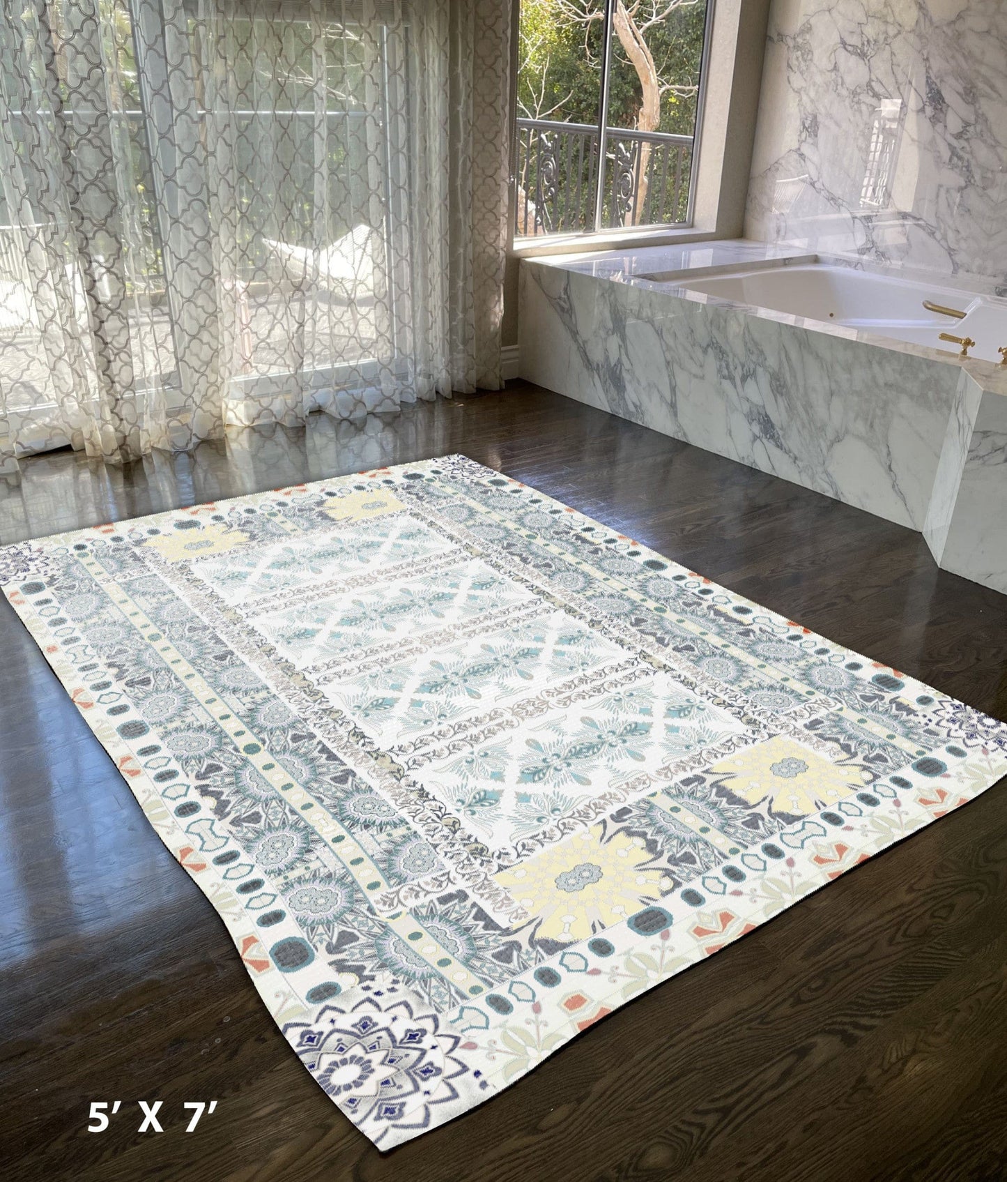 5' X 7' Green And Yellow Oriental Area Rug