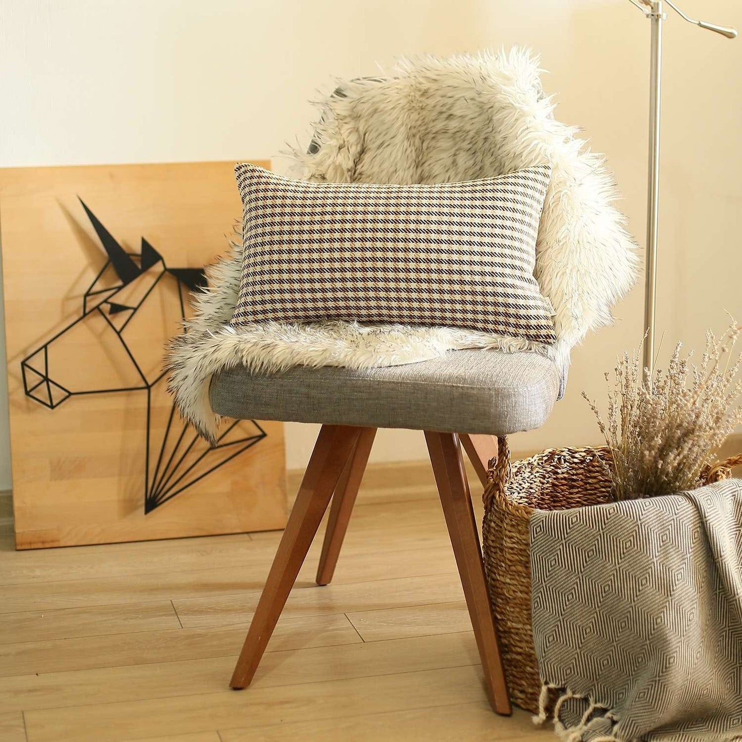 12" X 20" Brown Houndstooth Zippered Handmade Polyester Lumbar Pillow Cover