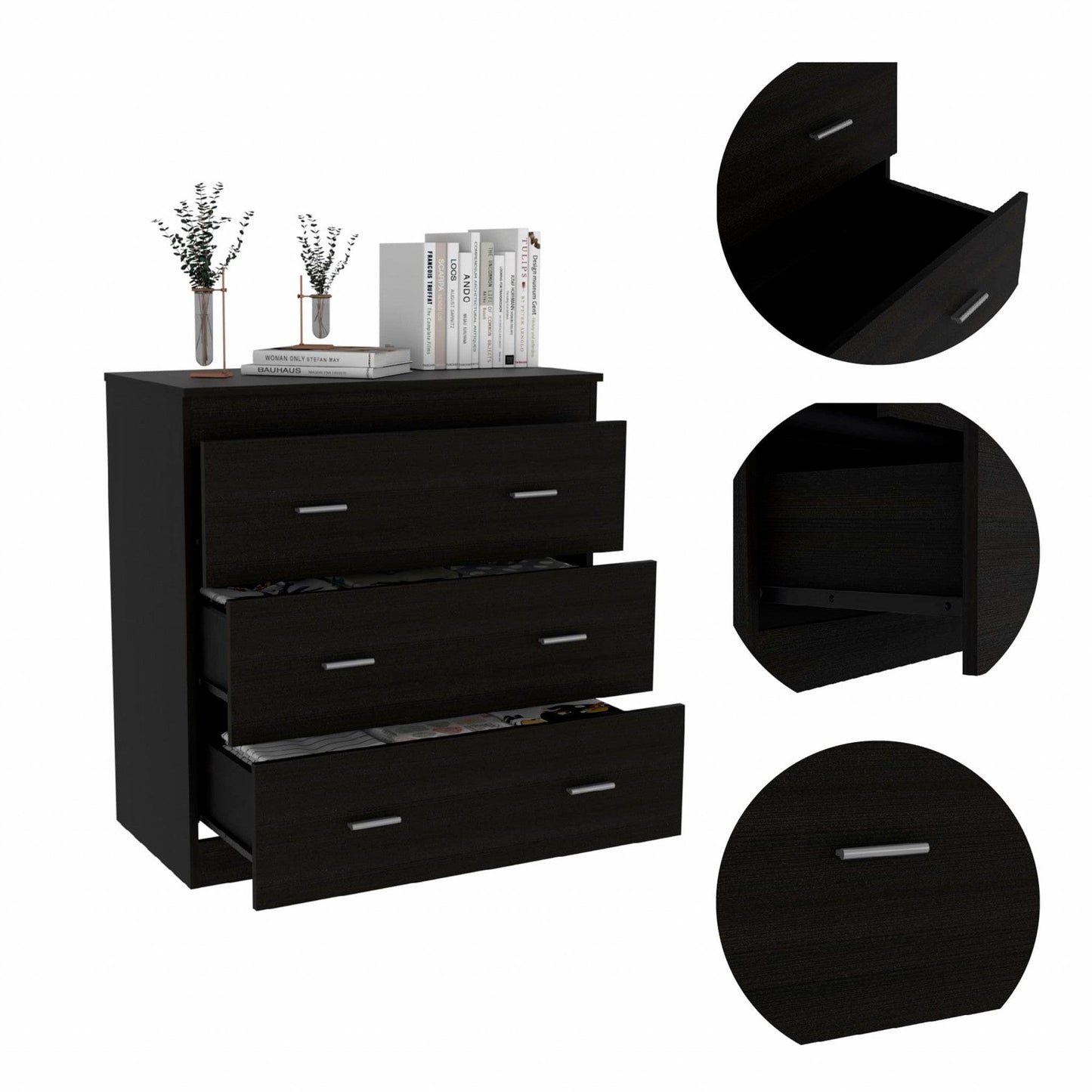 33" Black Three Drawer Dresser