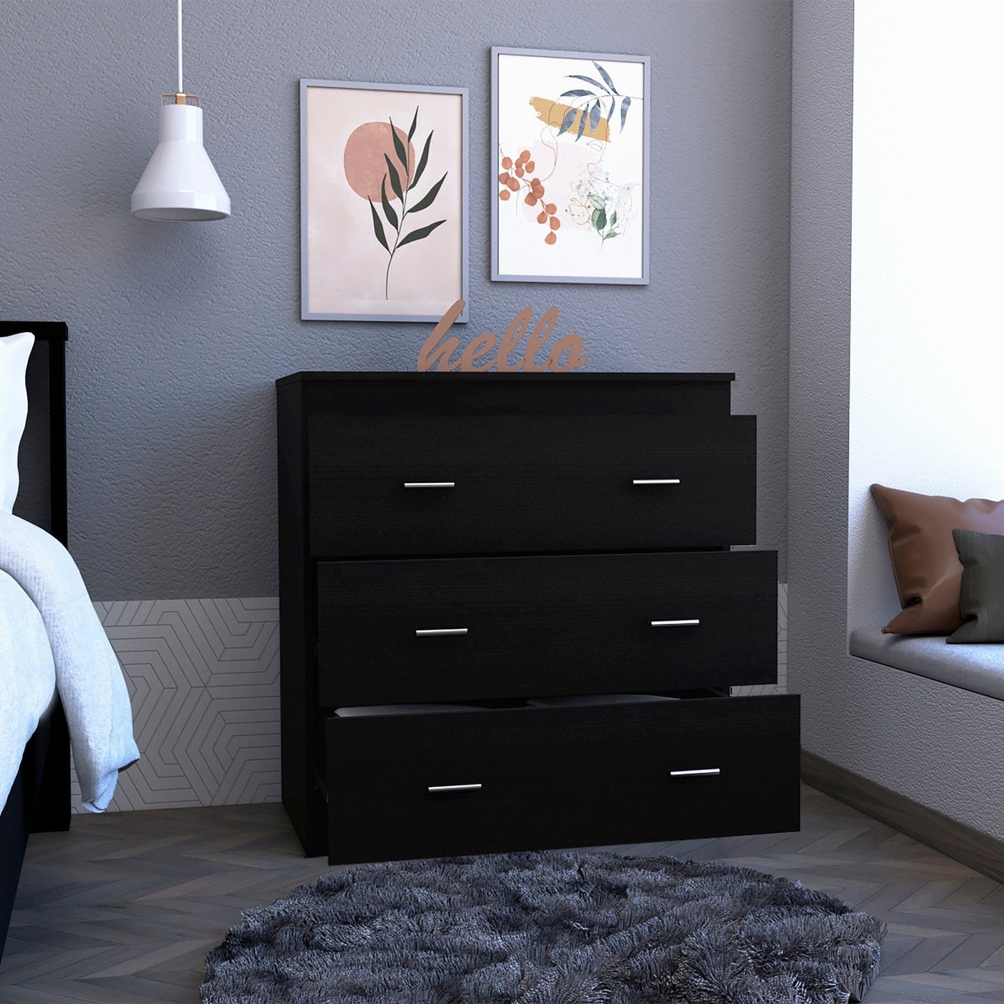 33" Black Three Drawer Dresser
