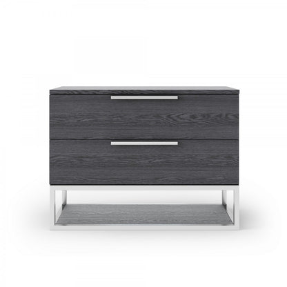 Contemporary Elm Gray and Stainless Steel Nightstand with Two Drawers