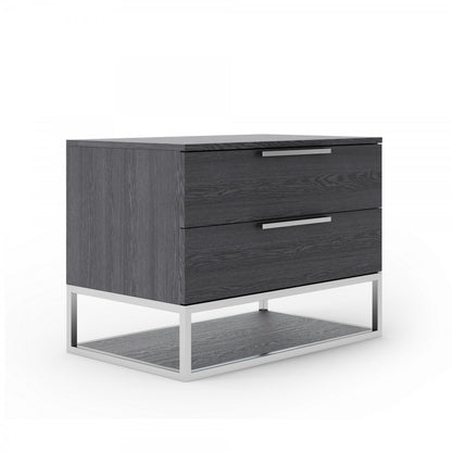 Contemporary Elm Gray and Stainless Steel Nightstand with Two Drawers