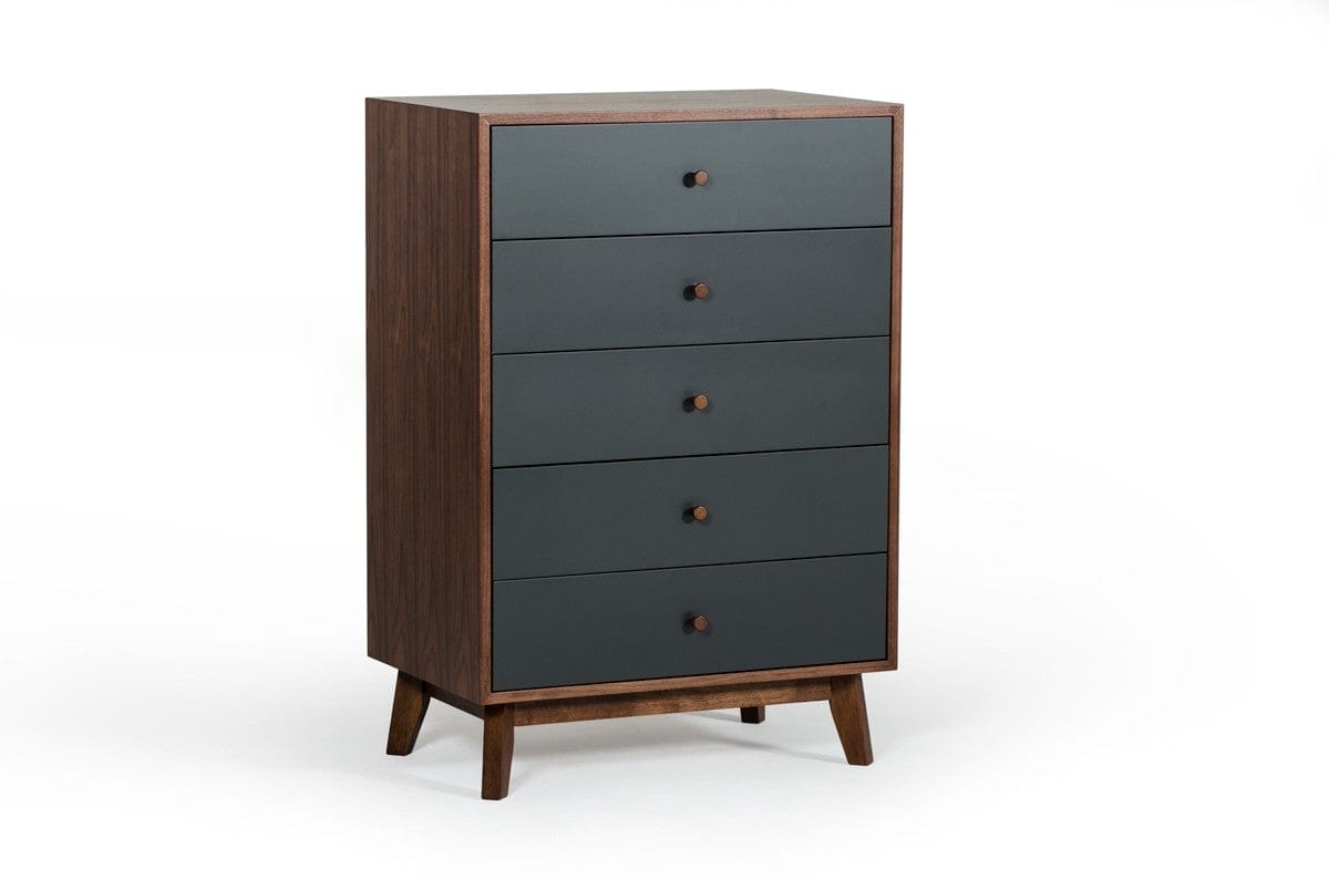 30" Walnut And Charcoal Grey Solid Wood Five Drawer Standard Chest