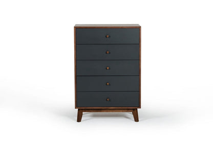 30" Walnut And Charcoal Grey Solid Wood Five Drawer Standard Chest