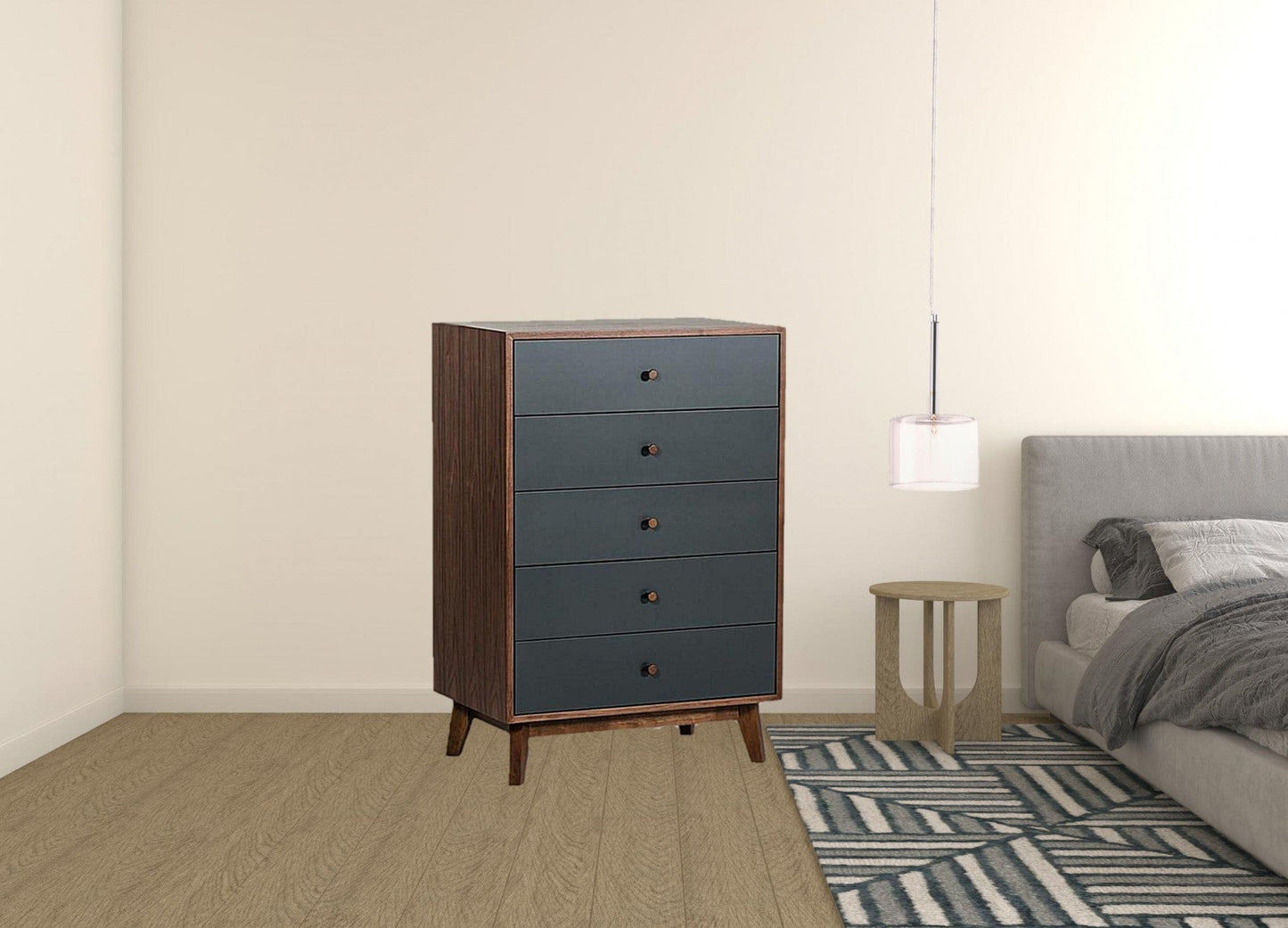 30" Walnut And Charcoal Grey Solid Wood Five Drawer Standard Chest
