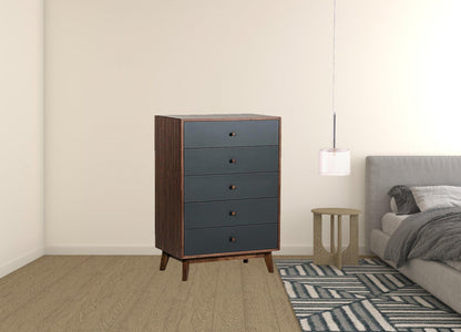 30" Walnut And Charcoal Grey Solid Wood Five Drawer Standard Chest