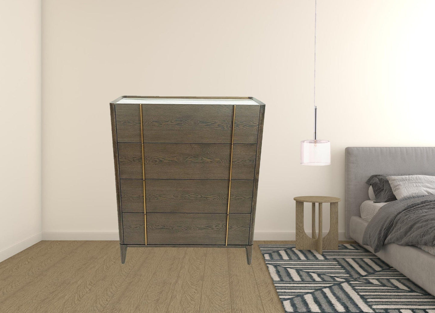 39" Dark Brown and gold Solid Wood Four Drawer Standard Dresser