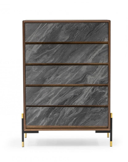 30" Walnut And Grey Manufactured Wood Five Drawer Standard Chest