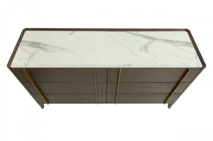 59" Dark Brown Solid Wood Six Drawer Double Dresser