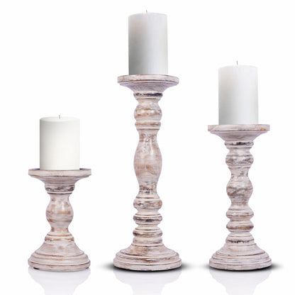 Set of Three Rustic White Genuine Wood Hand Carved Pillar Candle Holders