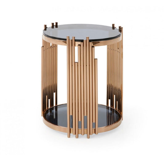 Stylish Round Rose Gold And Smoked Glass End Table