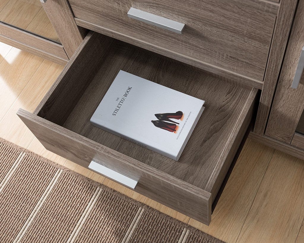 Modern Rustic Dark Taupe Tall TV Stand with two Glass Cabinets