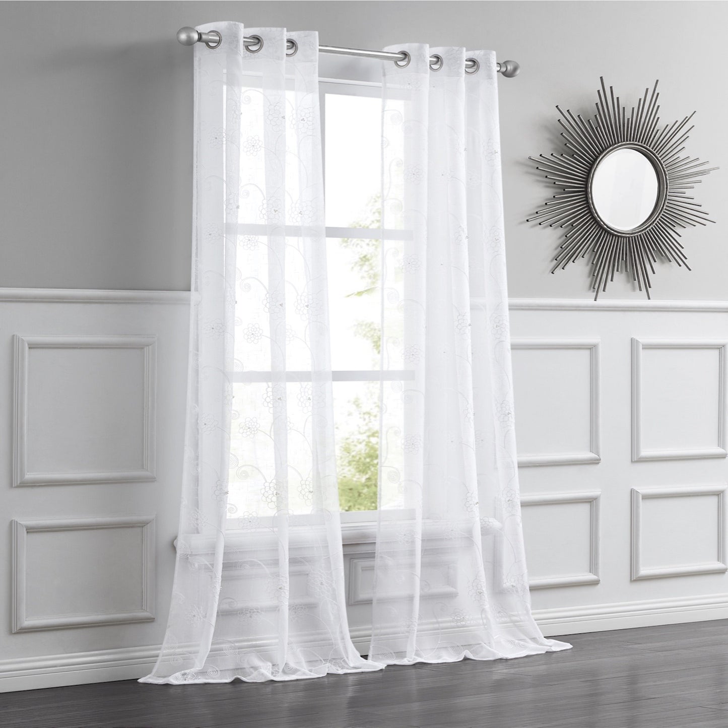 Set of Two 84"  White Beaded Floral Embroidered Window Panels